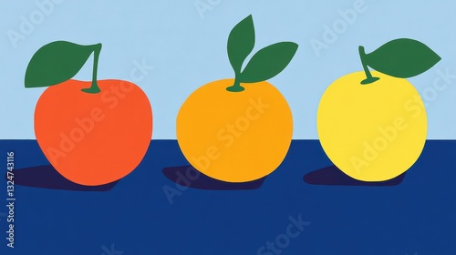 Minimalist pop-art fruit composition using only bold, high-saturation colors.