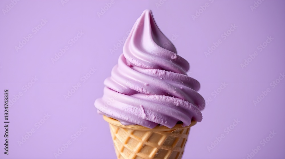ube or lavender ice cream in a cone with a light purple background, space for copy ube or lavender ice cream in a cone with a light purple background, space for copy