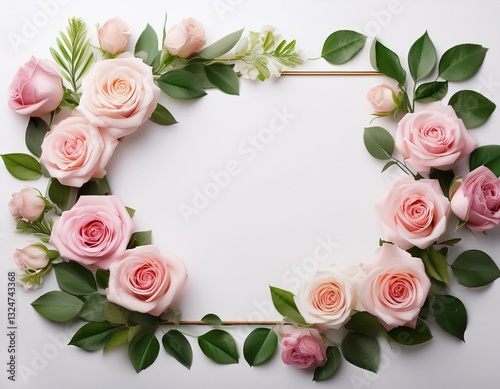 elegant floral frame with pink roses and green leaves on a white background for invitations and decoration copy space