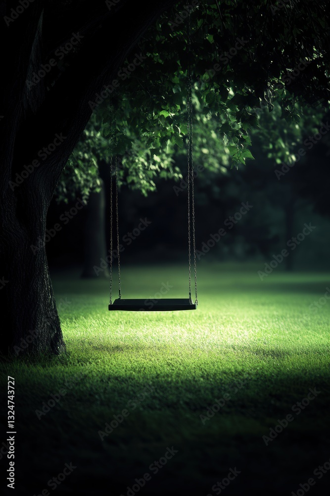 Empty swing in park in Spring.