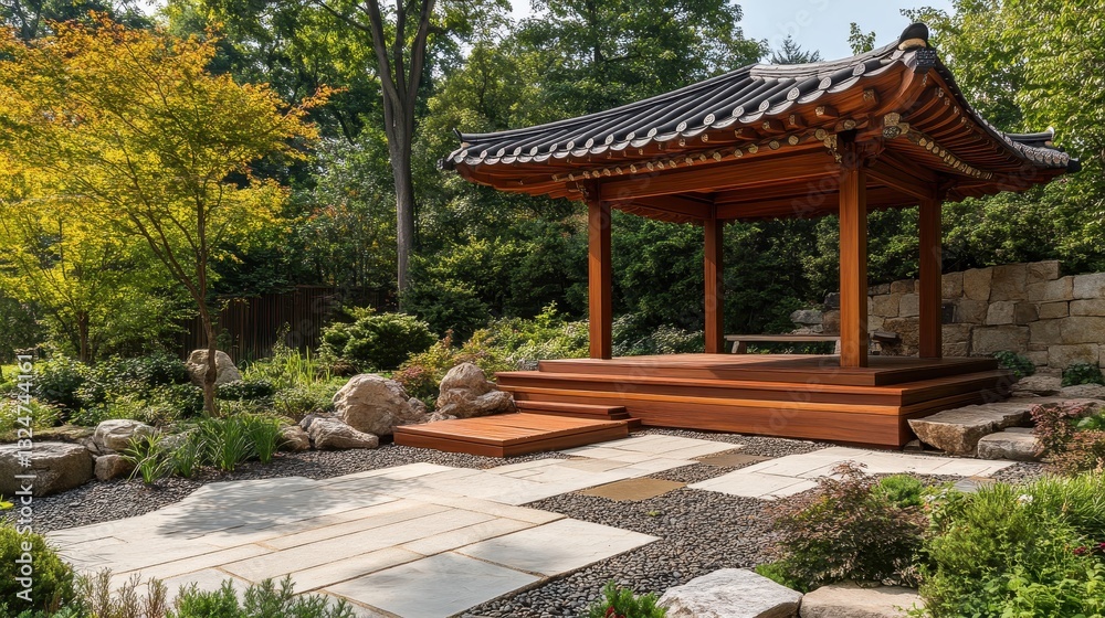 A wooden pavilion sits in a tranquil and well landscaped garden A wooden pavilion sits in a tranquil and well landscaped garden