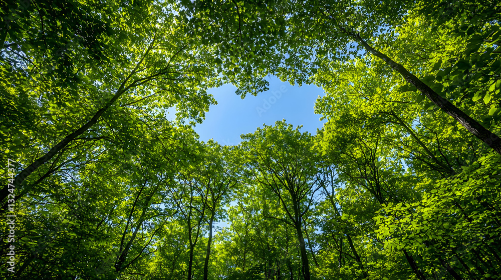 Looking Up Through Green Tree Canopy Towards Clear Blue Sky With Sunlight Filtering Through Leaves Looking Up Through Green Tree Canopy Towards Clear Blue Sky With Sunlight Filtering Through Leaves