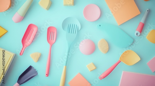 Modern flat lay of colorful cooking utensils in a geometric pattern against a soft pastel backdrop.
