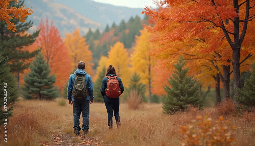 Fototapeta premium Back view of two hikers with backpacks admiring autumn foliage in forest. Couple walks on trail through colorful fall woods with red orange leaves, enjoying nature together. People hiking outdoors.