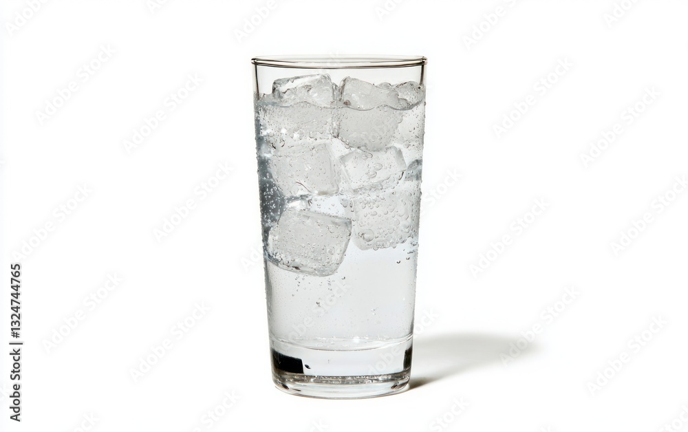 Clear Glass of Sparkling Water with Ice Cubes on White Background Clear Glass of Sparkling Water with Ice Cubes on White Background