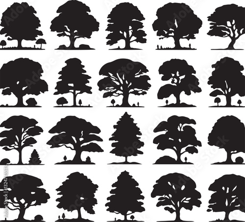 set of various deciduous trees silhouettes on the white background