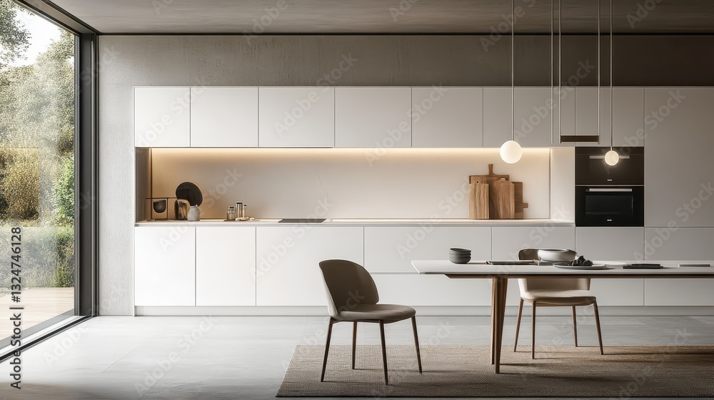 Fototapeta premium A modern contemporary kitchen with dining area is shown here