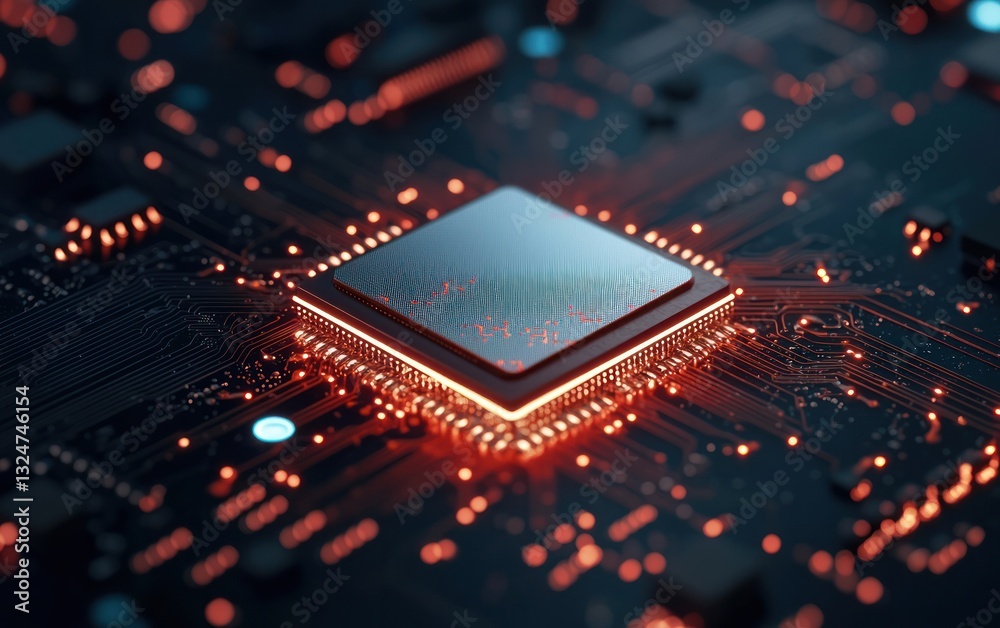 Central Processing Unit on Circuit Board with Orange and Blue Lighting Central Processing Unit on Circuit Board with Orange and Blue Lighting