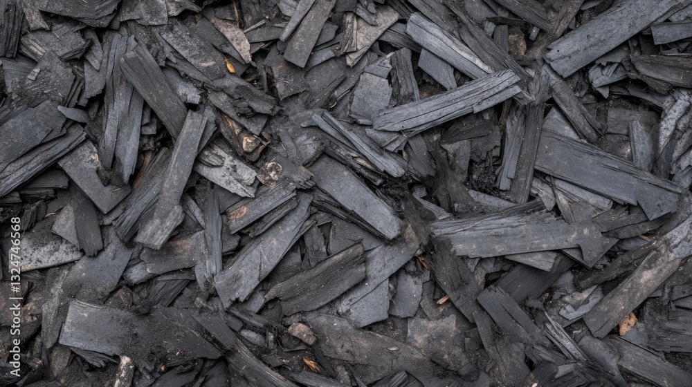 Close-up view of dark gray wood chips, showing texture and detail. Close-up view of dark gray wood chips, showing texture and detail.
