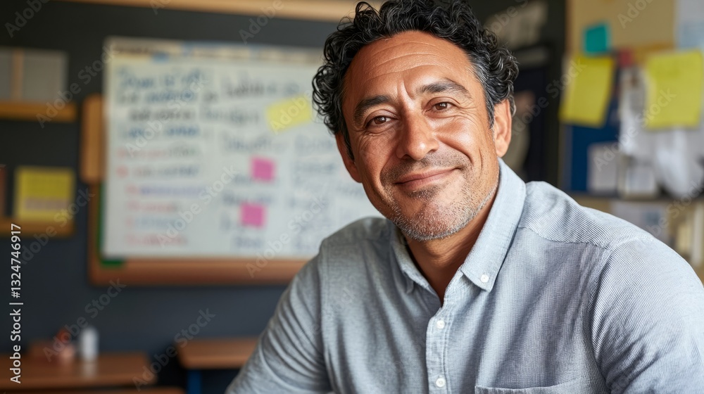 Man posing at chalkboard in office setting in front of a blackboard with various notes, papers, and images attached, suggesting an educational space. Man posing at chalkboard in office setting in front of a blackboard with various notes, papers, and images attached, suggesting an educational space.
