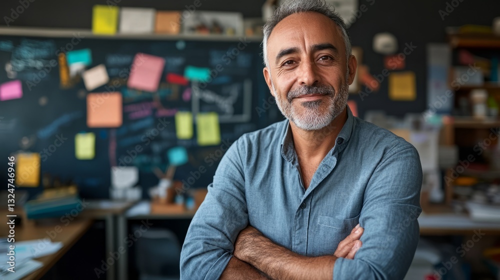 Fototapeta premium Bearded man posing confidently in office environment.