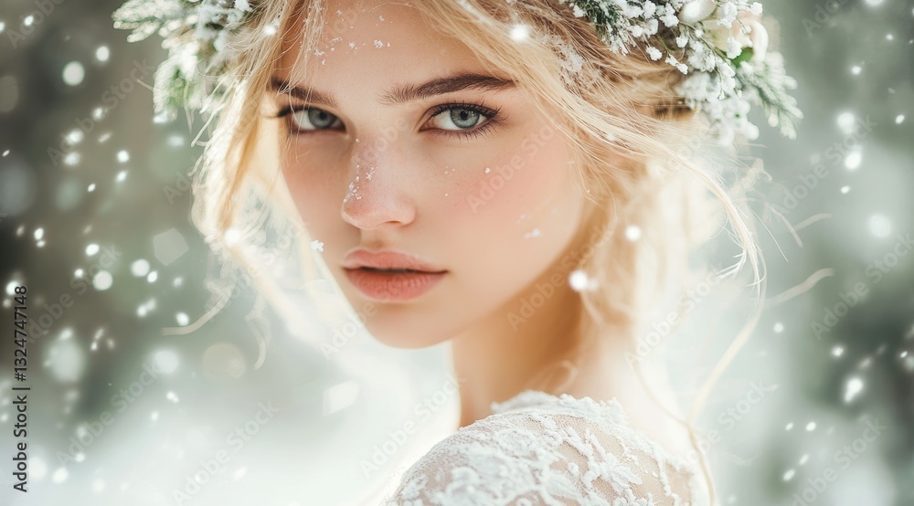 Beautiful Woman in Elegant White Lace Wedding Dress with Flower Wreath Standing Alone Beautiful Woman in Elegant White Lace Wedding Dress with Flower Wreath Standing Alone