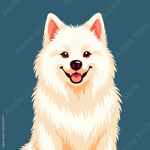 Smiling fluffy Samoyed dog illustration on deep blue background, joy