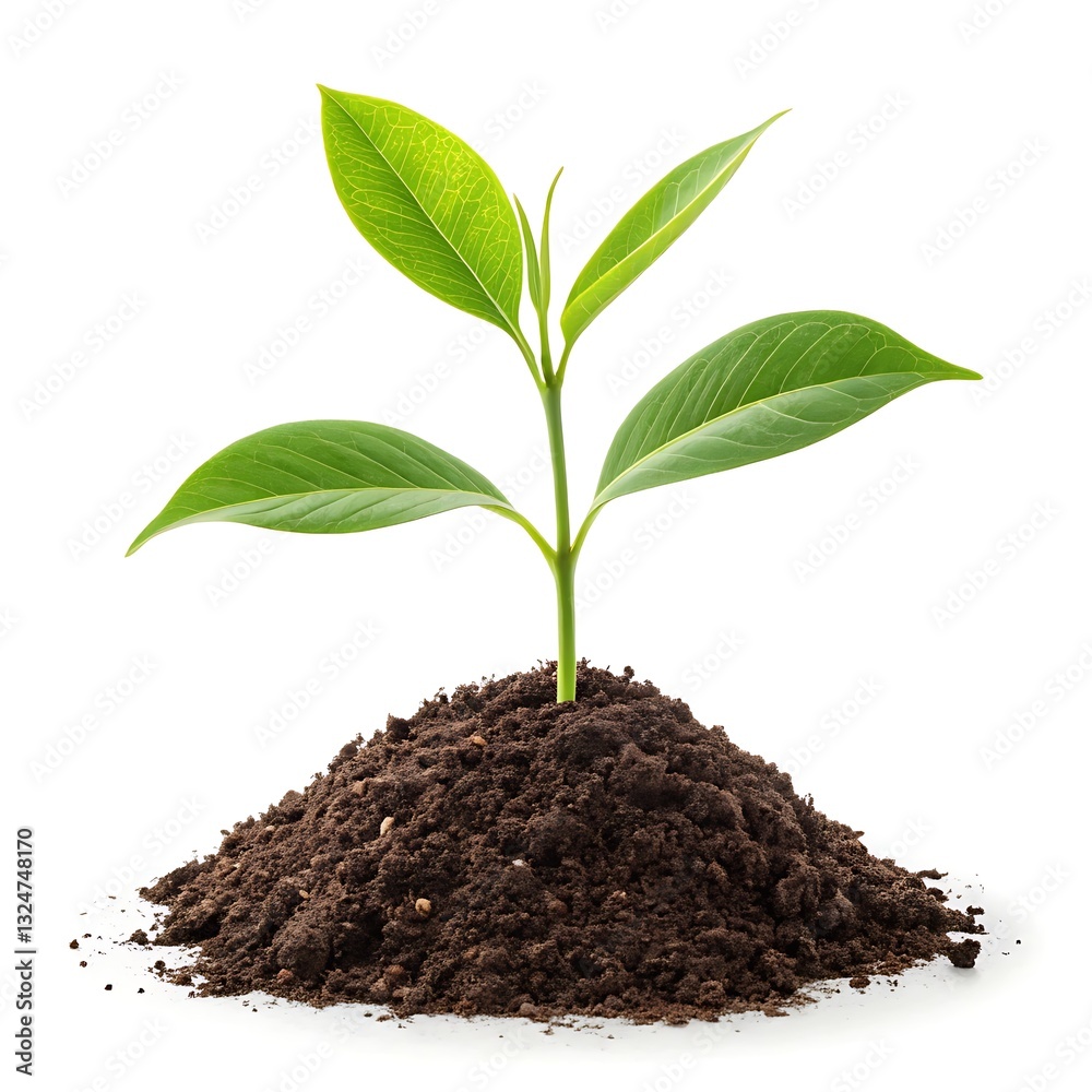 A Vibrant Young Sprout Bravely Emerging From Rich Dark Soil, Symbolizing New Growth And Potential Against A Bright White Backdrop A Vibrant Young Sprout Bravely Emerging From Rich Dark Soil, Symbolizing New Growth And Potential Against A Bright White Backdrop