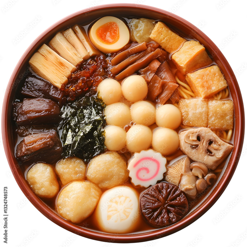 A beautifully arranged bowl of Japanese oden hot pot, featuring quail eggs, fish cakes, tofu, mushrooms, seaweed, and bamboo shoots in a flavorful broth A beautifully arranged bowl of Japanese oden hot pot, featuring quail eggs, fish cakes, tofu, mushrooms, seaweed, and bamboo shoots in a flavorful broth