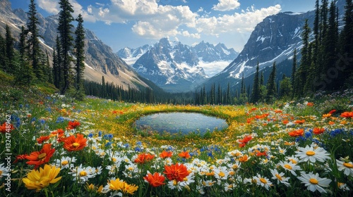 Mountain Meadow Pond with Wildflowers