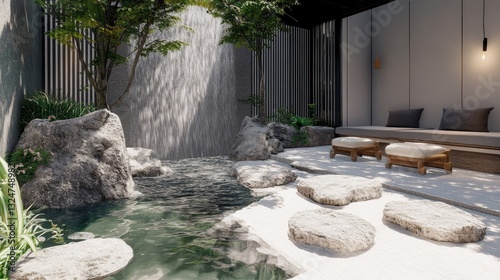 Tranquil outdoor zen garden with small waterfall and seating area