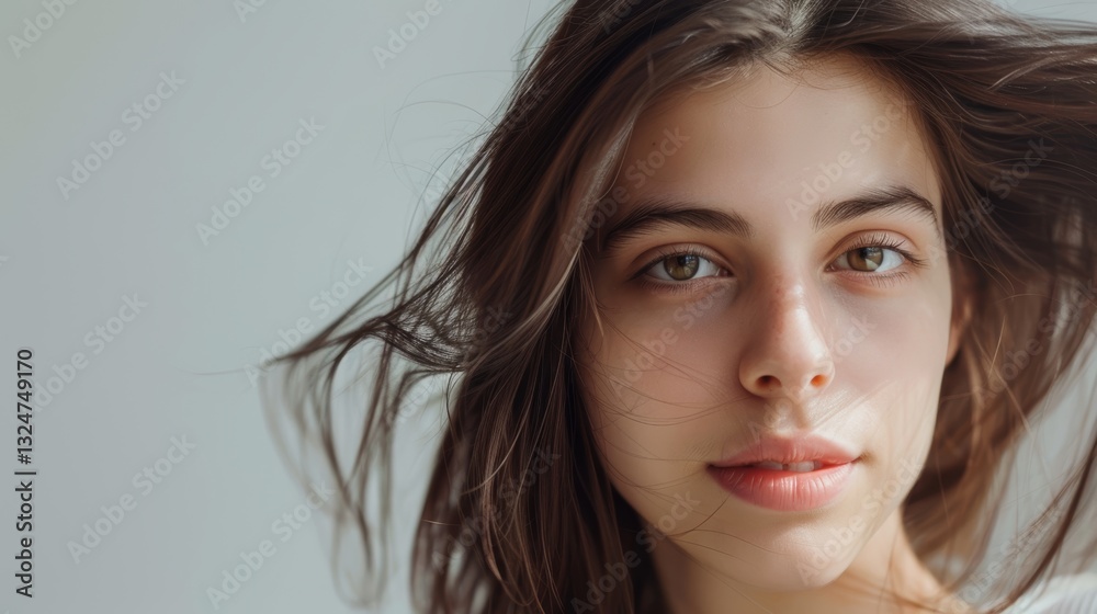Beautiful Young Woman with Smooth Hair Looking Radiant and Confident Closeup Portrait