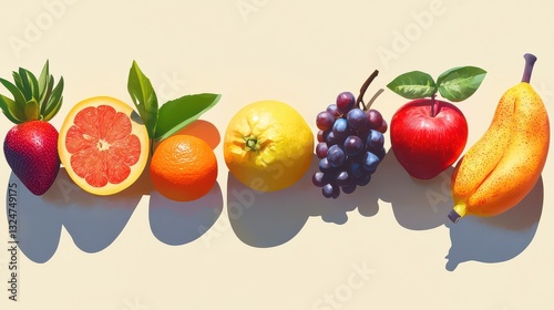 Stylized fruit collage with bold shadows and bright colors on a neutral background.