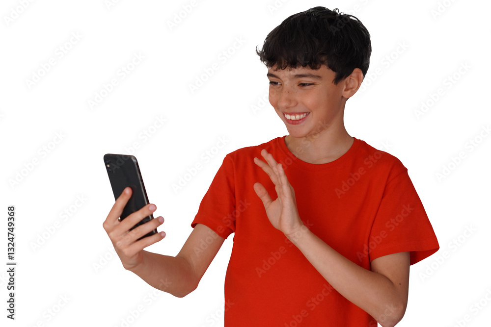 png, transparent background, isolated preteen boy waving at his cell phone camera, smiling while making a video call