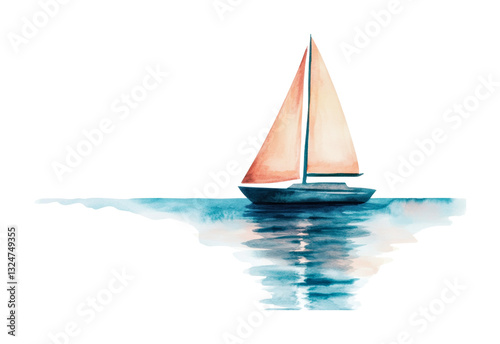Watercolor sailboat on tranquil water with beautiful reflection, cut out