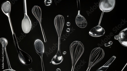 Surreal floating spatulas, whisks, and ladles are suspended mid-air with dramatic lighting.
