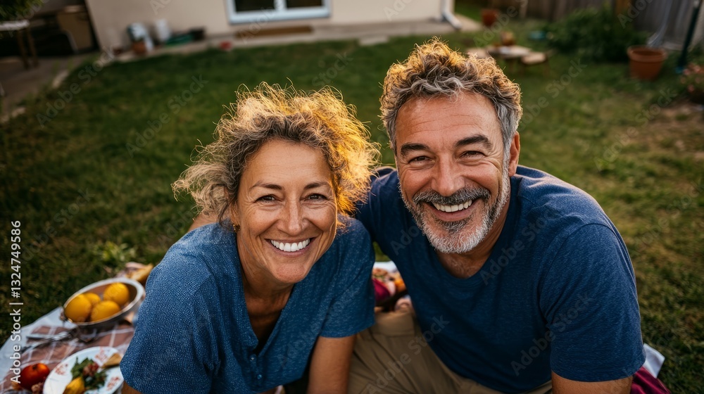 Horizontal portrait of a middle-aged couple smiling while have a picnic in the backyard. Horizontal portrait of a middle-aged couple smiling while have a picnic in the backyard.