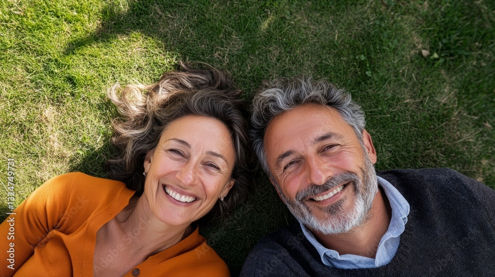 Fototapeta premium A happy middle age couple lying on the green grass together outdoors in the park.