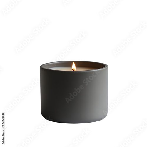 A modern matte black candle with a flickering flame, set in a sleek ceramic holder