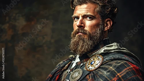 Noble warrior in traditional highland attire gazing intently into distance