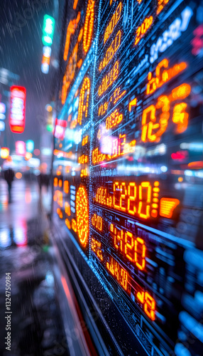 Digital display board with financial data in a city night scene