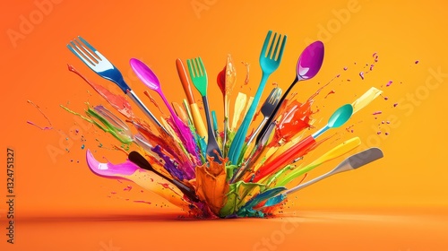 Utensils form a dynamic explosion effect with bright color contrasts.