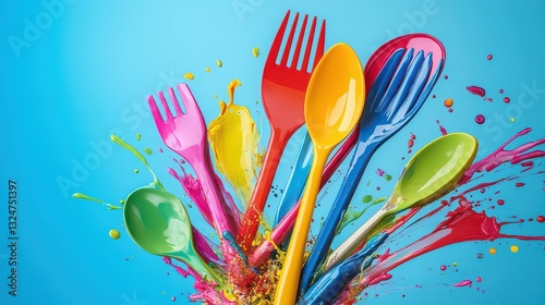 Utensils form a dynamic explosion effect with bright color contrasts.