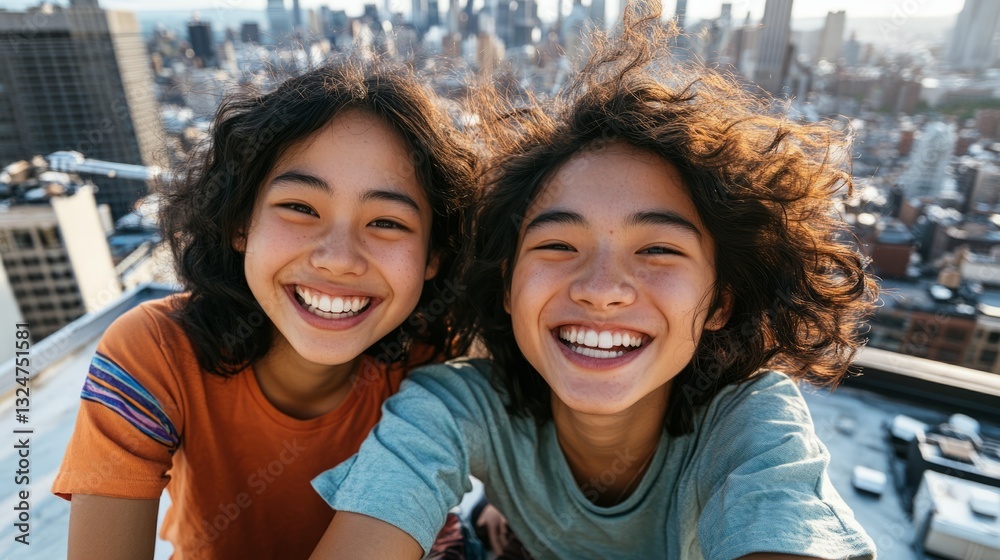 Fototapeta premium A young Asian girl with a smile taking a selfie with a young boy of similar ethnicity, both posing near a cityscape, sharing an affectionate moment.