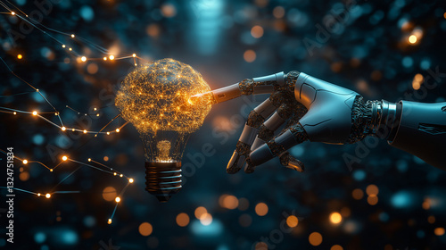 AI and machine learning concept with robot and human hands touching a big data network. Glowing brain-shaped data in a light bulb, futuristic scene with digital networks and glowing lines.