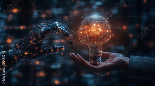 AI and machine learning concept with robot and human hands touching a big data network. Glowing brain-shaped data in a light bulb, futuristic scene with digital networks and glowing lines.
