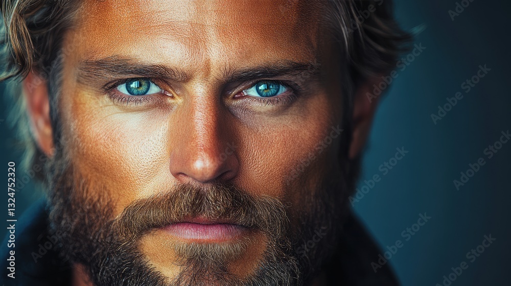 Portrait of a man with striking blue eyes and rugged beard captured in close-up under soft lighting in an indoor setting