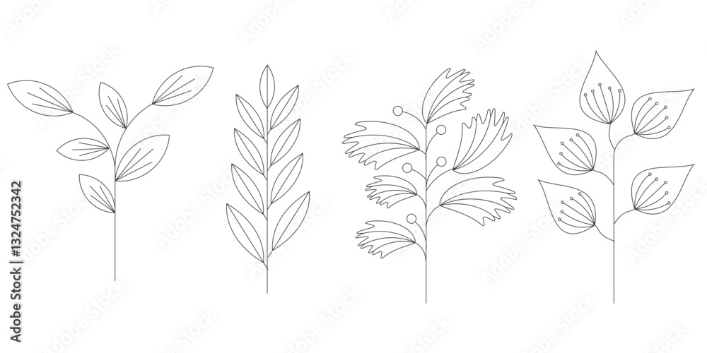 Set of organic minimalist silhouette summer and spring branches with leaves. Simple flower logo design element. Elegant floral twig decoration. Botanical simple. Plant icon set Set of organic minimalist silhouette summer and spring branches with leaves. Simple flower logo design element. Elegant floral twig decoration. Botanical simple. Plant icon set