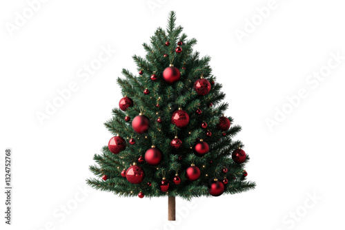 Decorated christmas tree with red ornaments, cut out