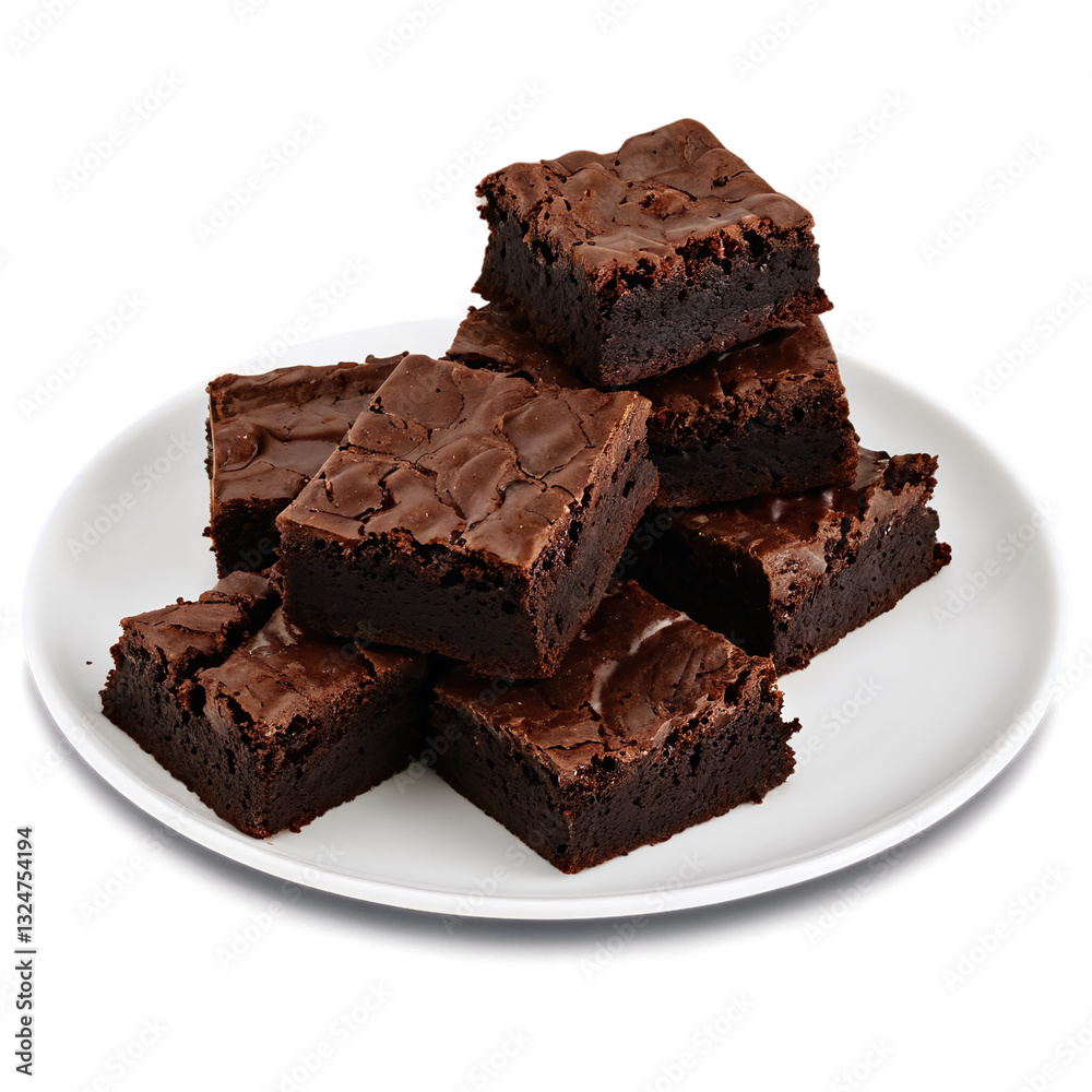 Chocolate brownies on plate isolated on transparent background