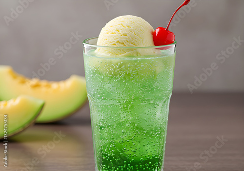 Refreshing Melon Soda Float with Vanilla Ice Cream and Cherry photo