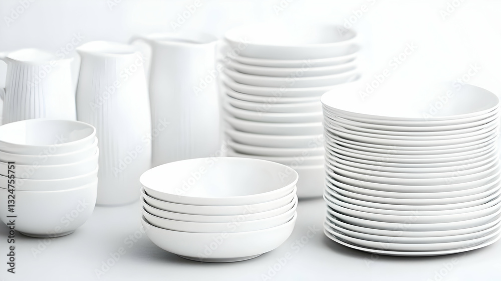 Obraz premium White Ceramic Bowls And Vases Stacked On A White Surface With A Clean And Minimalist Aesthetic