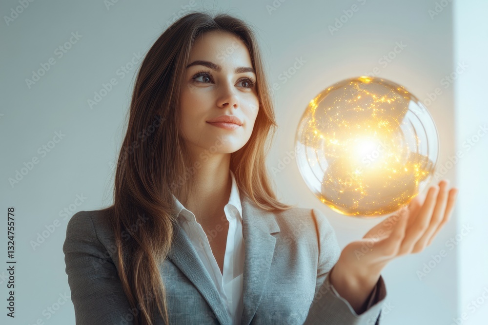 Businesswoman envisions future success, holding a glowing orb symbolizing innovation and opportunity. Businesswoman envisions future success, holding a glowing orb symbolizing innovation and opportunity.