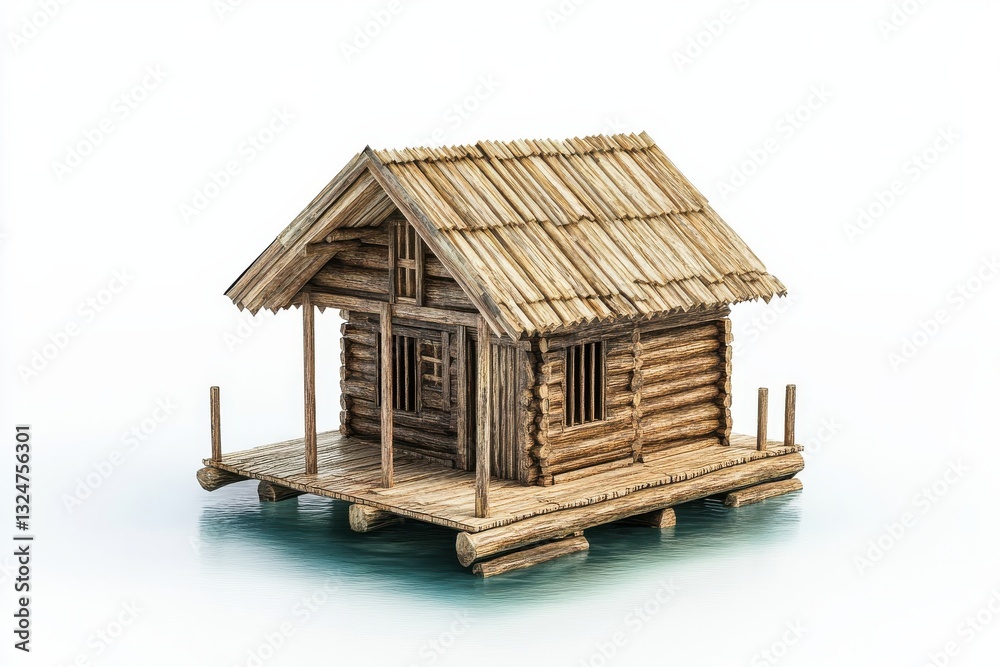 A serene wooden cabin on stilts floating gently on tranquil waters at sunrise isolated on transparent background A serene wooden cabin on stilts floating gently on tranquil waters at sunrise isolated on transparent background