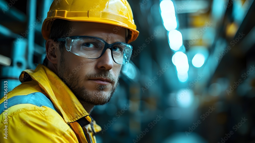 An industrial worker inspecting digital network visualizations An industrial worker inspecting digital network visualizations
