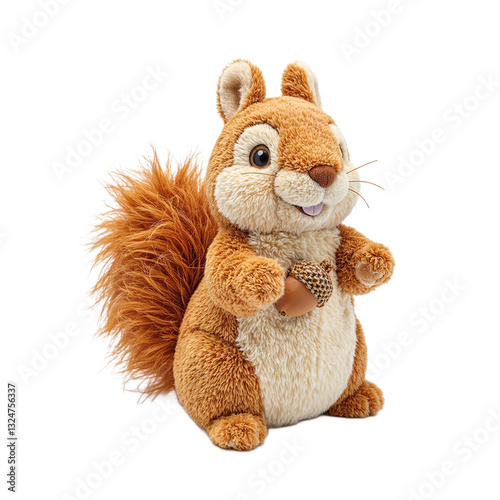 Adorable plush squirrel with soft fur and fluffy tail holding a tiny acorn isolated on white