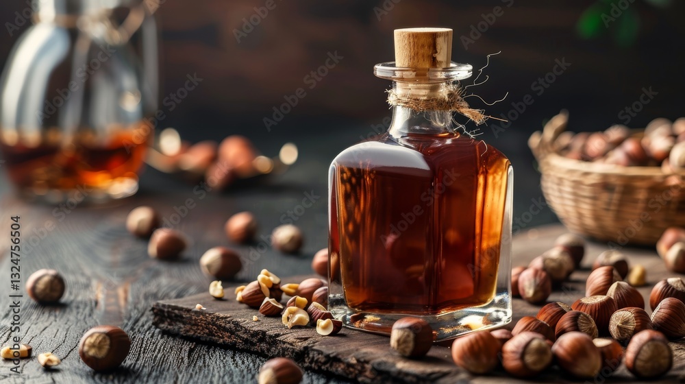 Bottle of Hazelnut Liqueur with Hazelnuts Around It Bottle of Hazelnut Liqueur with Hazelnuts Around It