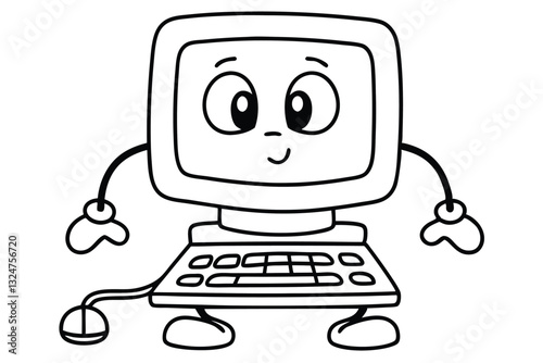 Cartoon vector illustration of a computer with a monitor keyboard and mouse