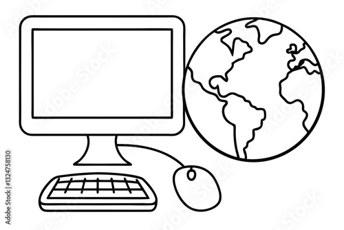 Vector illustration of a computer monitor with a keyboard and mouse on a desk.