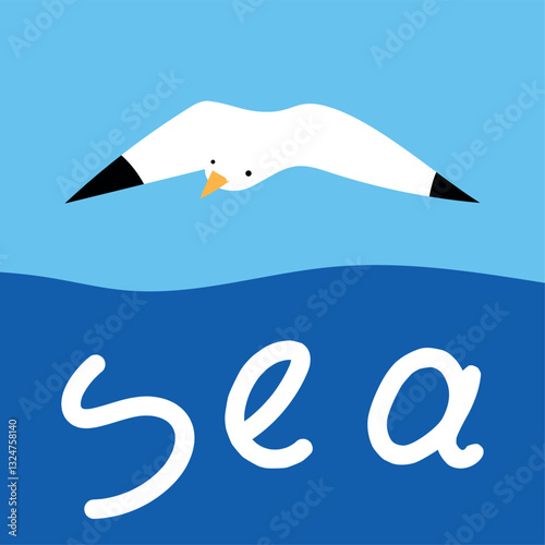 Stylized cartoon white seagull over blue sea in flat style